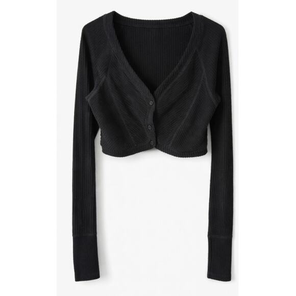 Urban Outfitters Tops - Out From Under Ribbed Cropped Cardigan Top Black Long Sleeve Size L/G